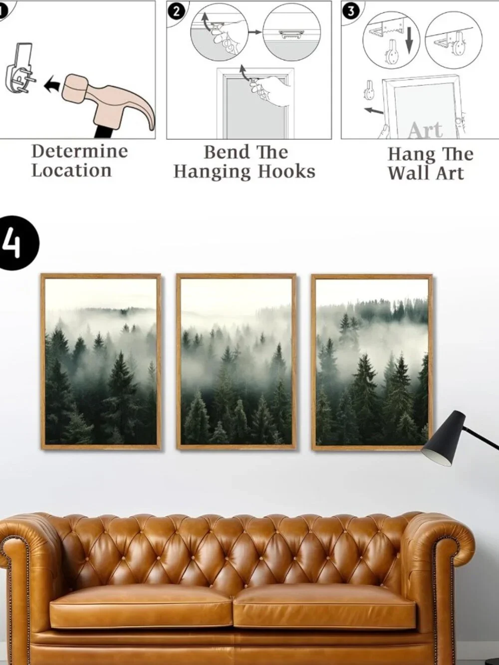 Foggy Forest Framed Wall Art Set of 3, 16x24 Inch Nature Decor for Home